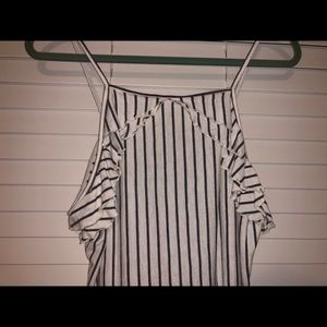 XL Cream & Grey Striped Ruffled Tank Top